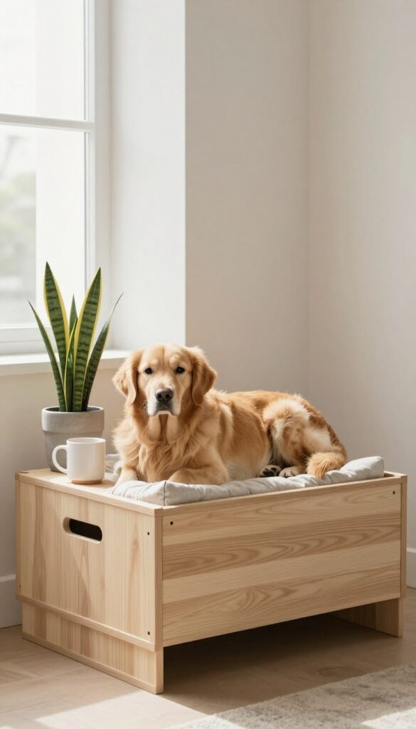 Minimalist indoor dog crate styled as a side table with plant and coffee mug in bright living room.