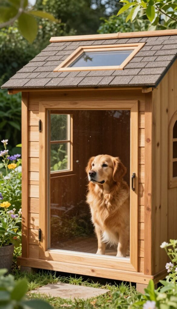 Luxury dog house with viewing window and skylight in a garden
