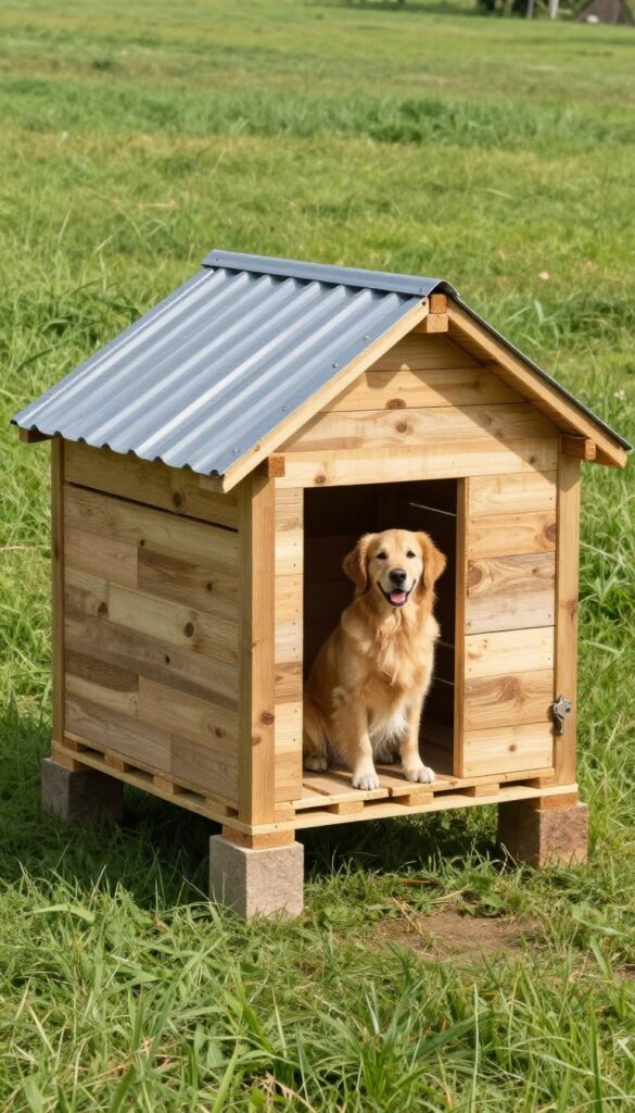 DIY pallet dog house with elevated floor for large breeds in a sunny backyard
