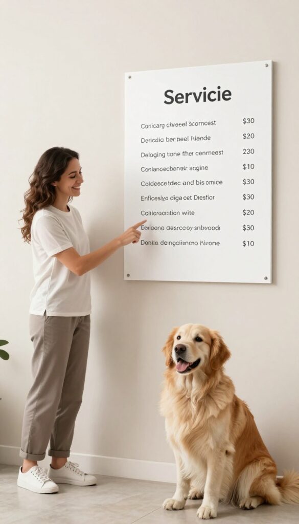 A groomer pointing to a transparent service menu in a dog grooming salon with a happy dog nearby