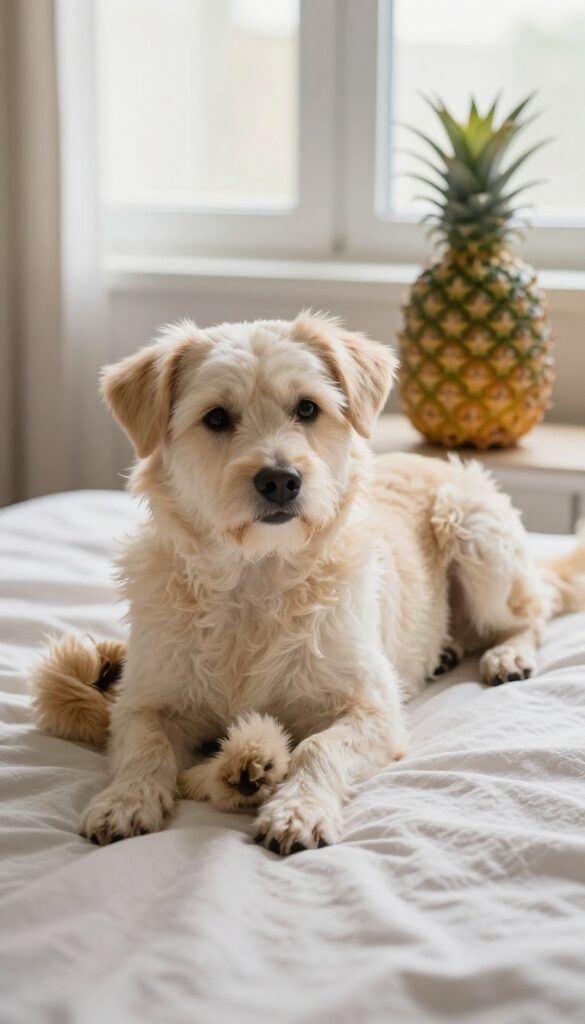 A photorealistic image of a dog with a sanitary trim for hygiene, lying on a blanket in natural light.
