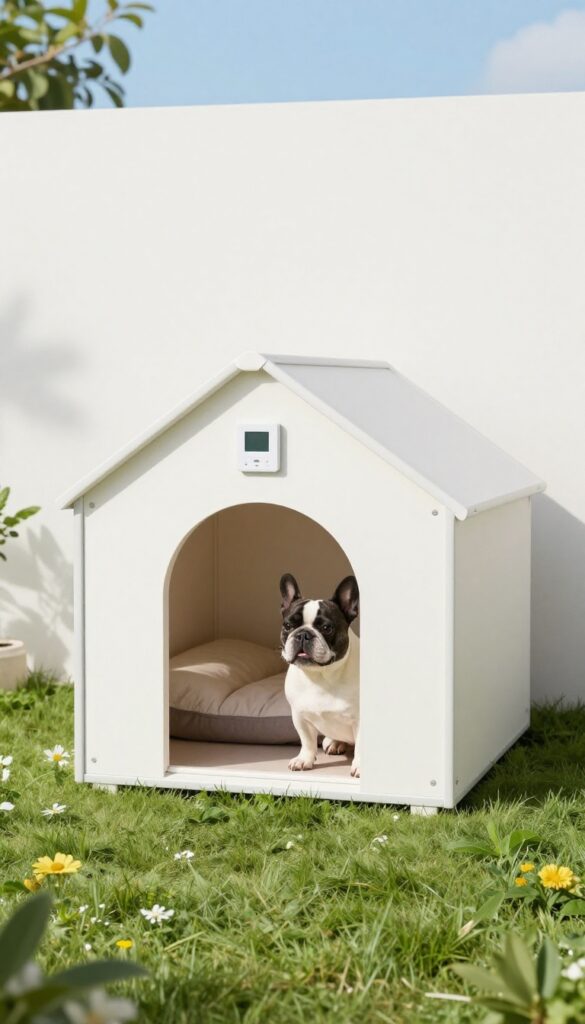 Climate-controlled dog house with heating and cooling system in a sunny backyard, French bulldog peeking out.