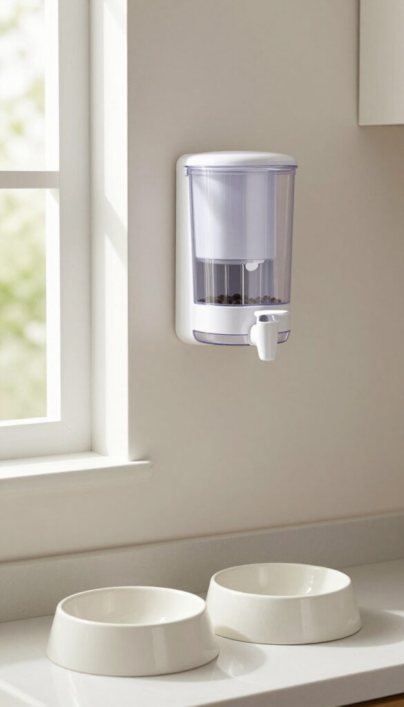 A wall-mounted dog food dispenser in a bright kitchen for easy access and tidy feeding.