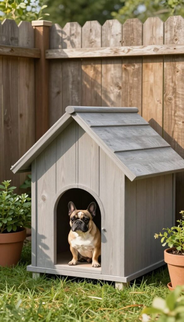 Lean-to style dog house attached to a fence with a French Bulldog at the entrance