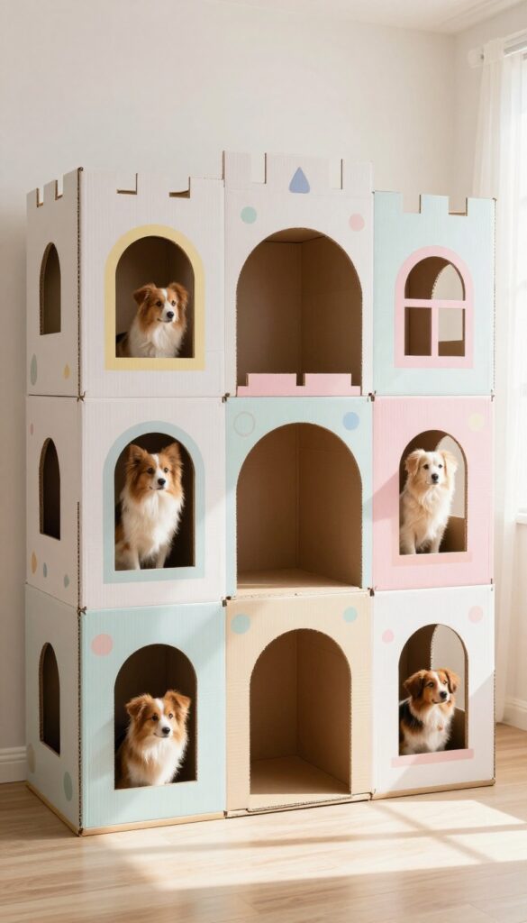 Two dogs playing in a colorful cardboard castle with multiple rooms and arched openings