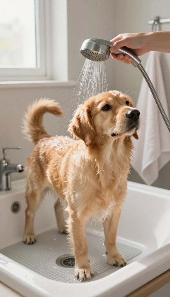 A dog being rinsed with a handheld showerhead in a laundry room sink, showcasing an easy and tidy setup for pet bathing at home.