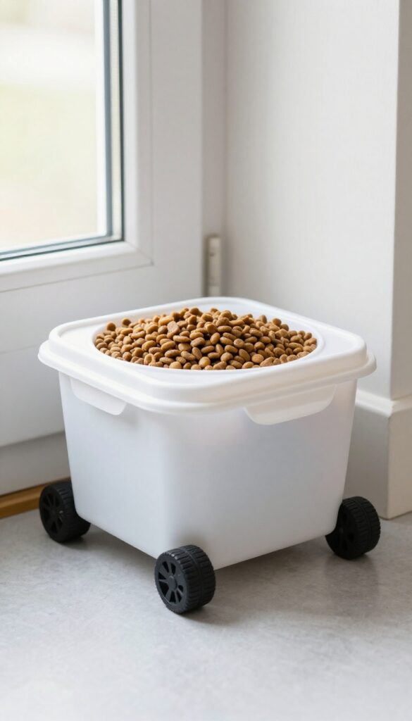 A small airtight dog food bin with wheels, filled with kibble and placed in a bright corner near a doorway for easy mobility.