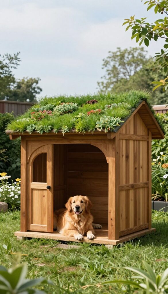 Large dog house with green roof in sunny backyard, Golden Retriever resting beside it
