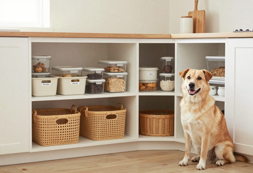 Organized dog food storage in a home pantry with containers and a happy dog