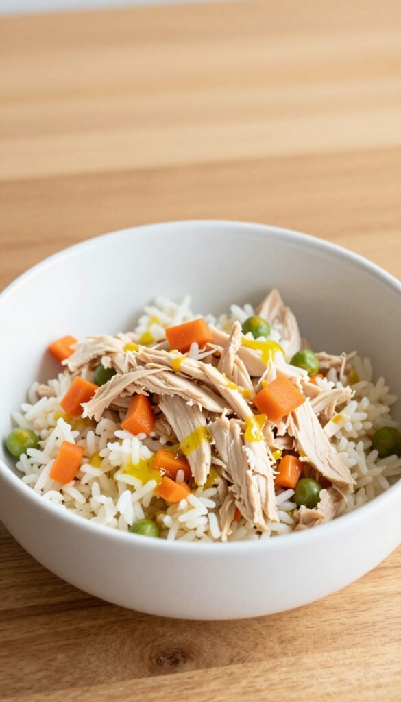 A homemade dog food bowl with shredded chicken, rice, carrots, and peas, arranged in a simple, clean setting for a dog recipe blog.