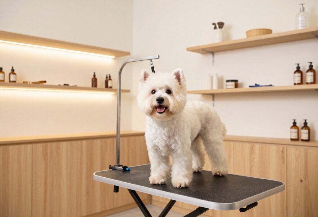 A stylish dog grooming shop interior with a dog on a grooming table, featuring clean decor and organized tools in a bright space.