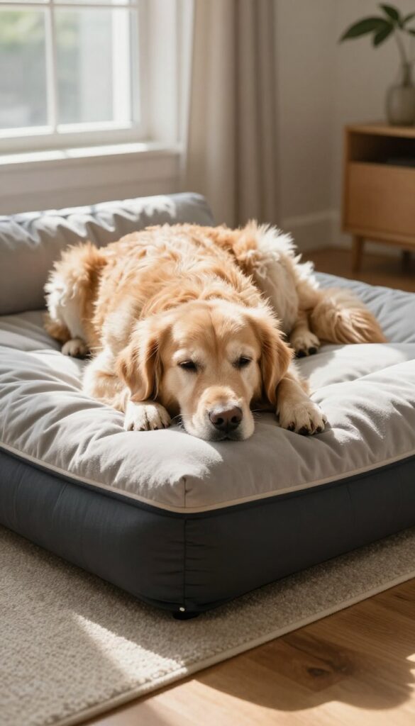 Senior golden retriever sleeping on an orthopedic foam dog bed in a sunlit living room