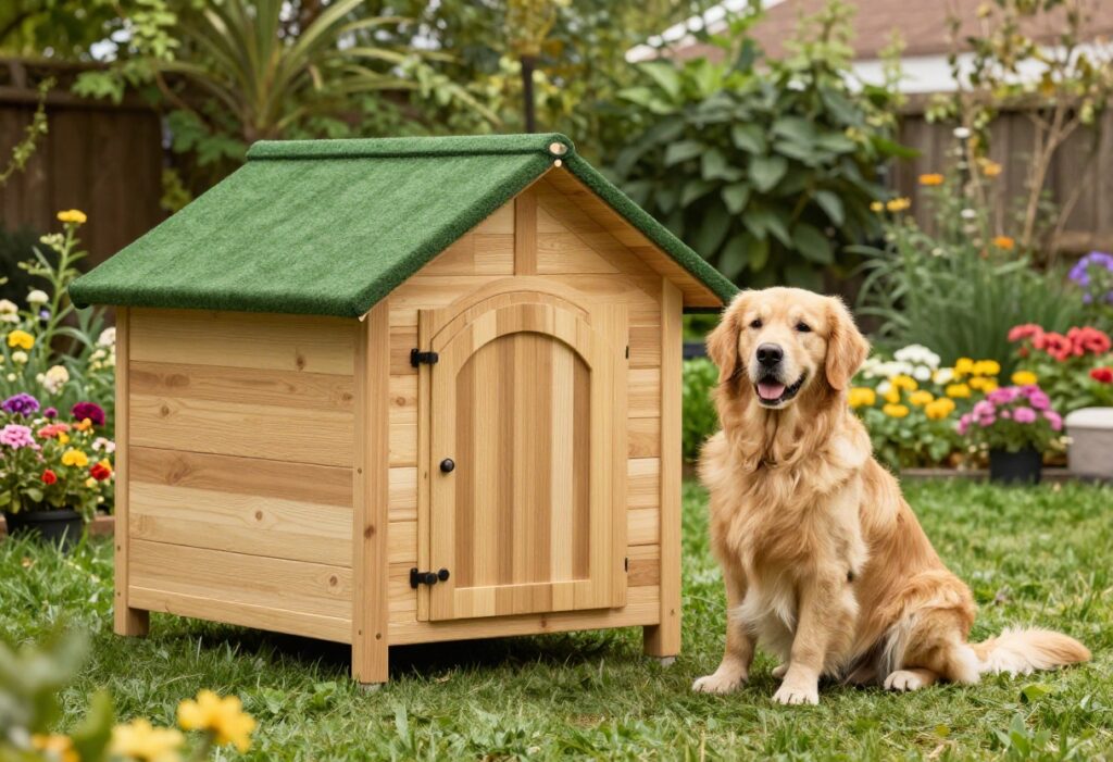 Modern cedar dog house with green roof and golden retriever in sunny backyard