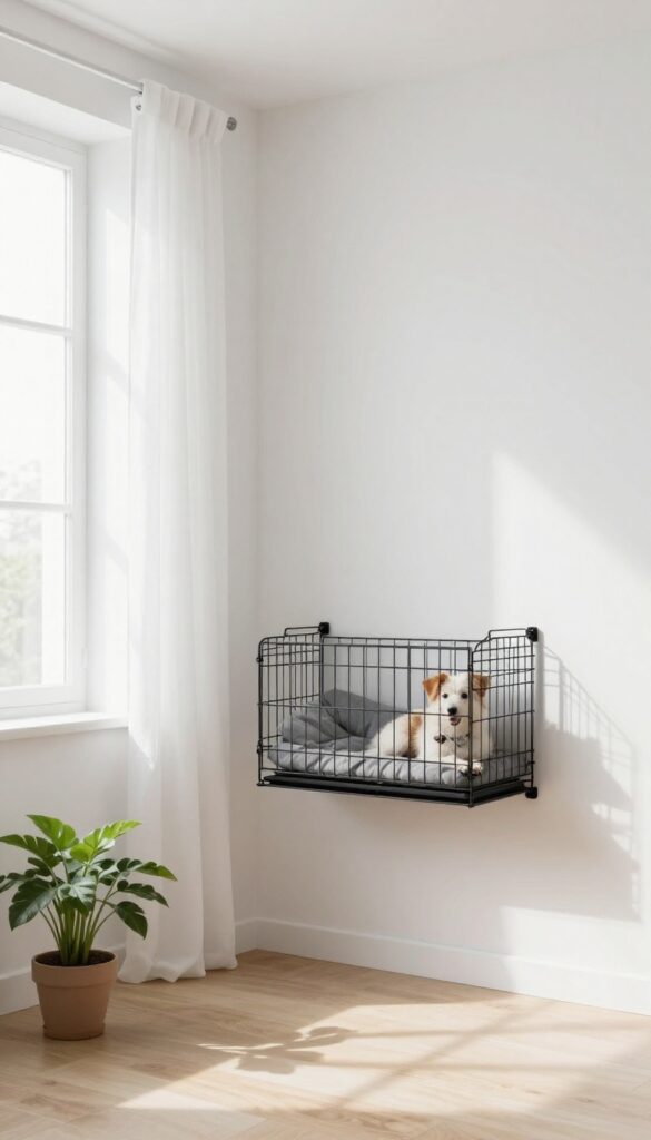 Wall-mounted dog crate in a bright corner with cushion and curtain, creating a cozy vertical pet zone.