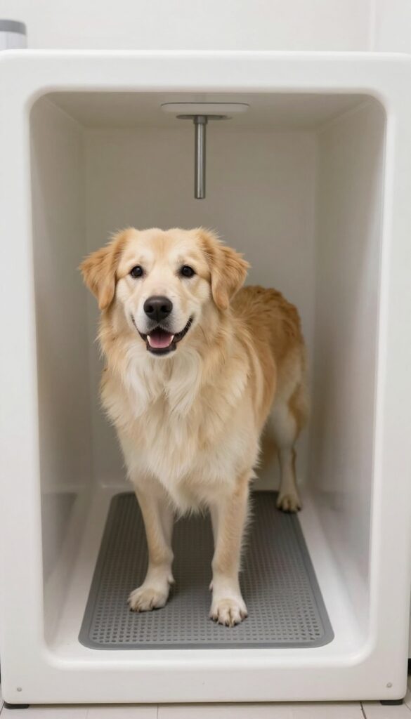 A calm dog in a grooming salon's easy-access tub with a low entry ramp, showcasing stress-free bath time in bright natural light.