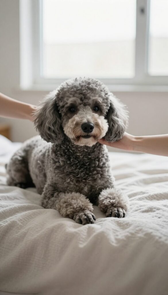 A poodle being gently handled on the face during a calm daily routine to build grooming familiarity.