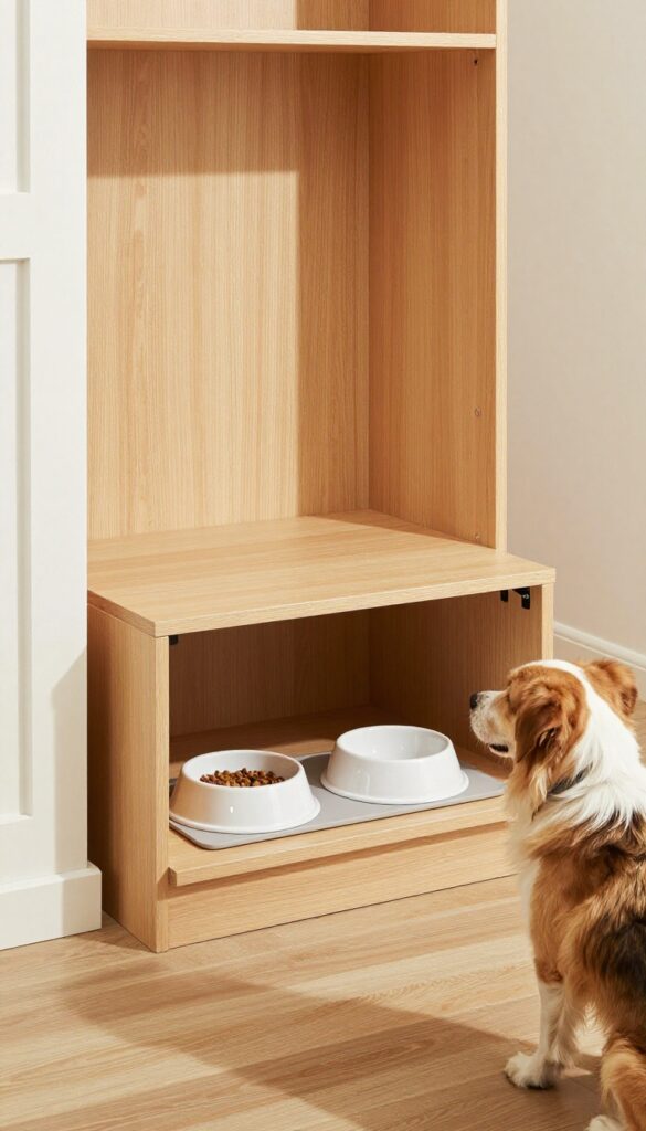 A bench-style cabinet with a lift-up seat revealing hidden dog bowls and food storage in a bright entryway, designed for dual-purpose seating and feeding in a dog-friendly home.