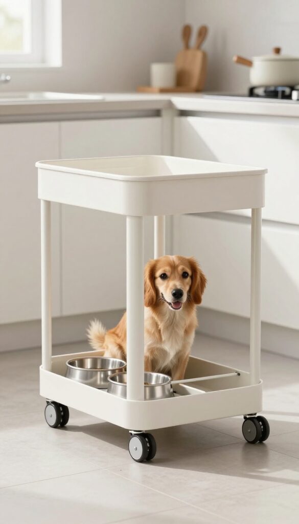A rolling cart with built-in pull-out dog bowls in a bright kitchen, illustrating a mobile feeding station for dogs.