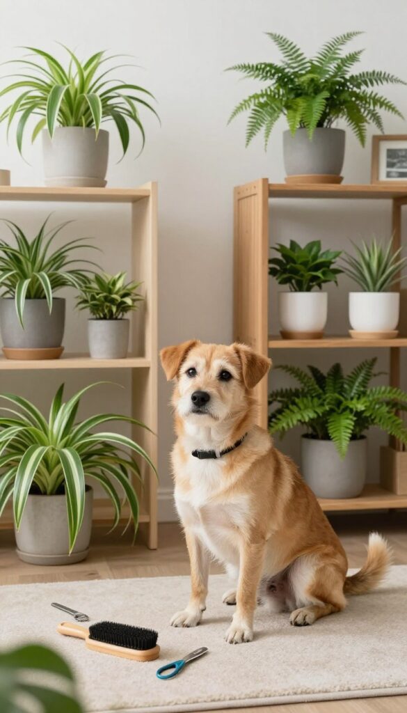 A calm dog in a bright grooming space with pet-safe plants like spider plants and Boston ferns on shelves and corners, creating a fresh and inviting atmosphere for stylish dog grooming setups.