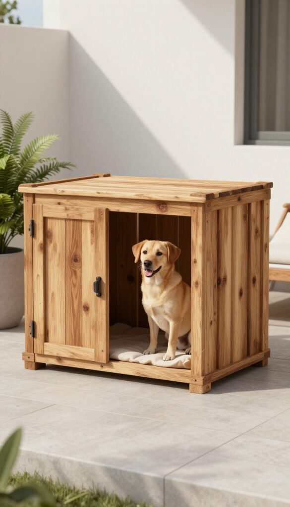 Repurposed crate dog house on a deck with a dog sitting beside it, modern outdoor style.