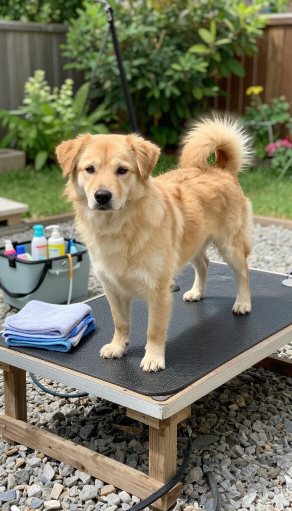 A backyard dog grooming spot with a dog on a raised platform, natural light, and easy-cleanup features like gravel and waterproof supplies.