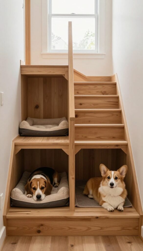 Two dogs resting in their own cozy corners under the stairs, with separate entrances and a divider between them.