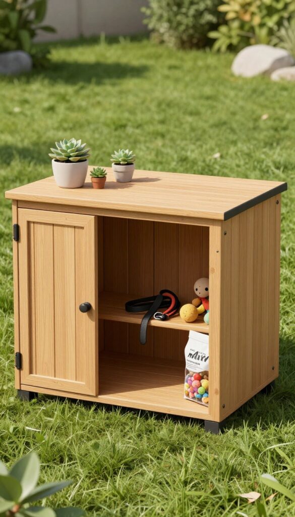 Modern dog house with built-in storage bench and succulents on roof in sunny backyard
