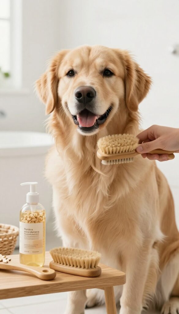 A golden retriever enjoying an eco-friendly grooming session with natural products in a bright bathroom setting.