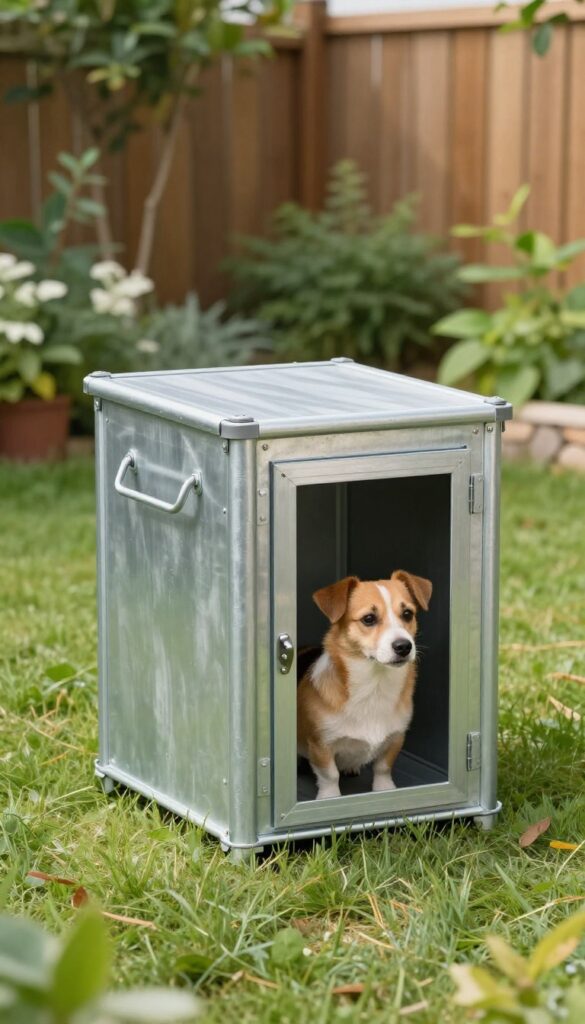 Portable metal dog house with handles on a grassy lawn, dog peeking out, bright natural light