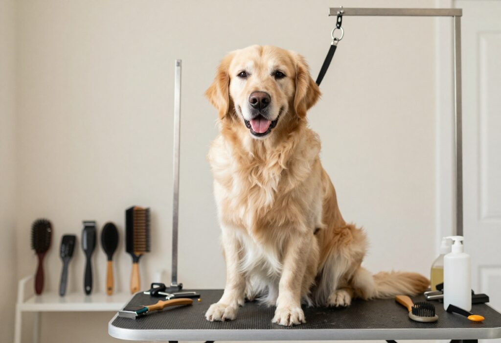 A golden retriever on a grooming table with essential dog grooming tools in a tidy home environment.