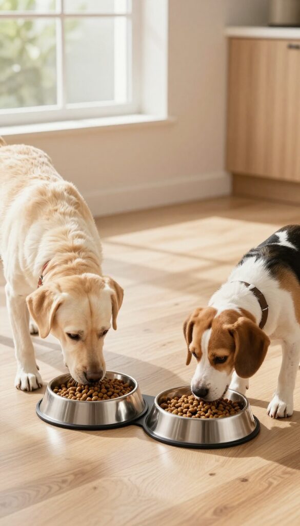 Two dogs eating from separate bowls in a dual-bowl food dispenser in a bright kitchen