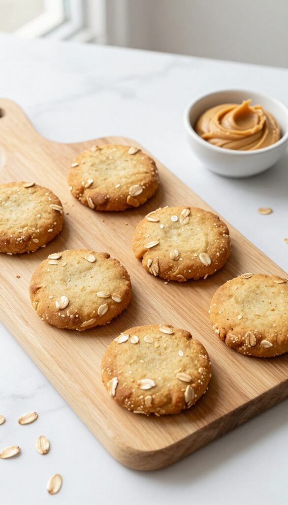 Homemade peanut butter oat dog biscuits on a wooden cutting board with a bowl of peanut butter, showcasing crunchy, dog-safe treats in a clean, natural setting.