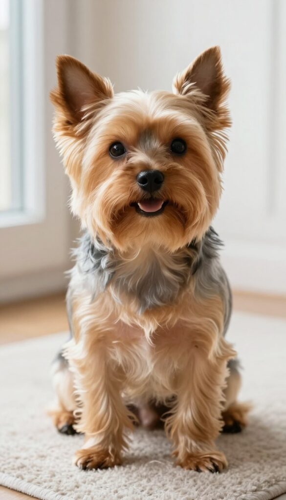 A Yorkshire Terrier with a natural haircut, featuring minimal trimming around the face and paws, in a bright indoor setting.