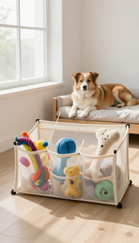 Dog house interior with hanging mesh toy organizer holding toys neatly on the wall