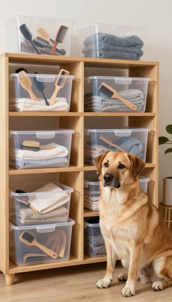 A photorealistic image of organized dog grooming tools in clear labeled bins on shelves, with a dog nearby in a bright, tidy room.