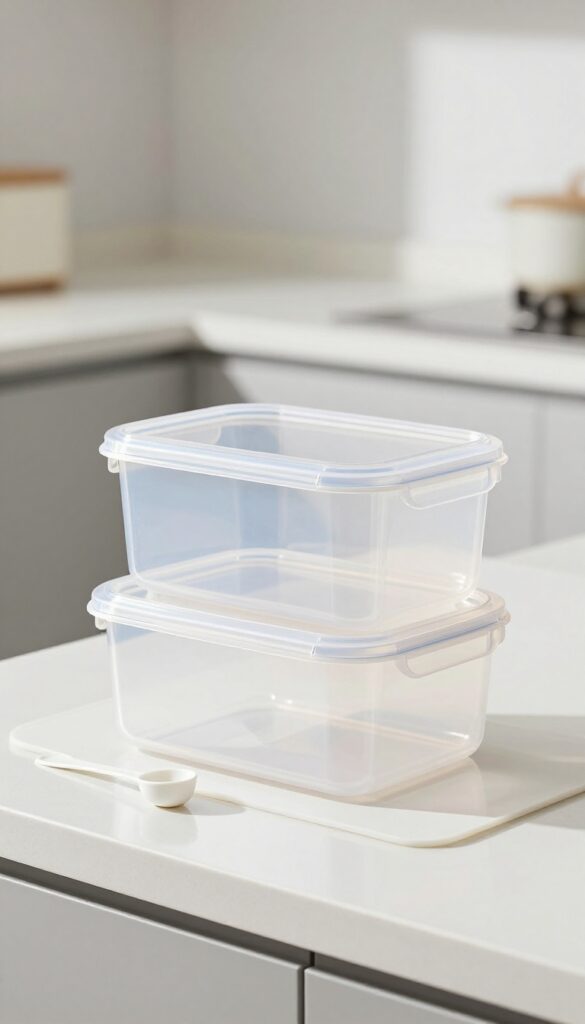 Stackable dog food containers with smooth, easy-clean surfaces on a kitchen countertop.