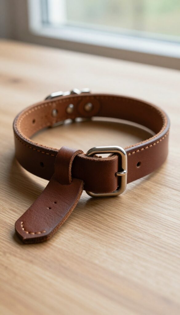 A hand-stitched leather dog collar on a wooden table, highlighting craftsmanship and durability for dog accessories.