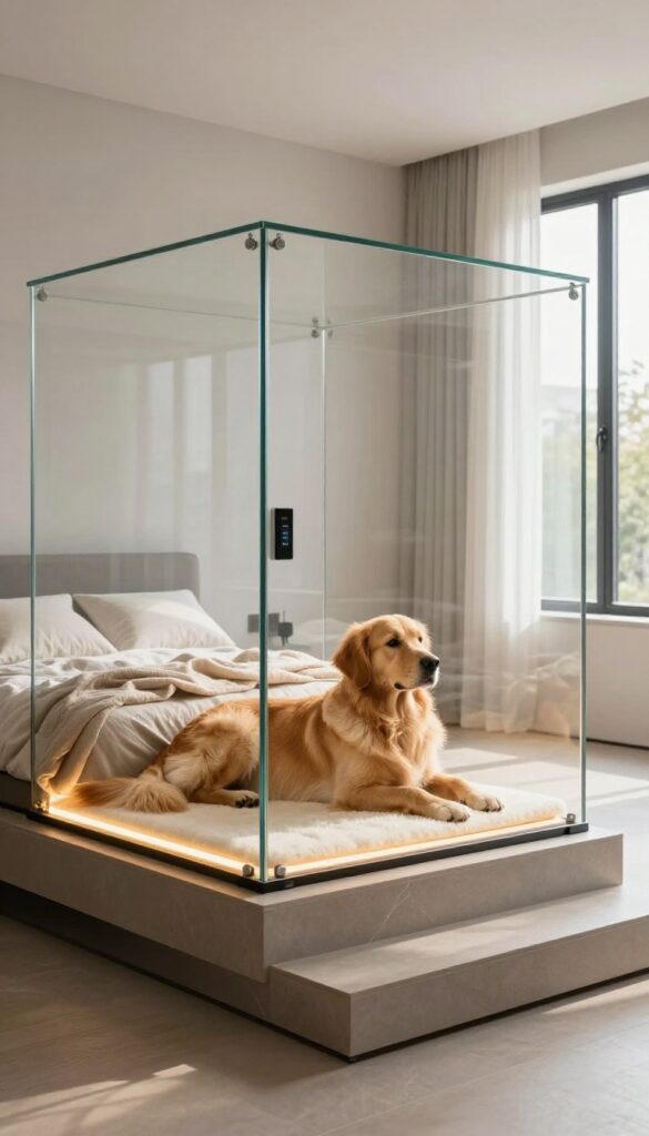 Glass-front under-stair dog kennel with smart lighting and a Golden Retriever inside
