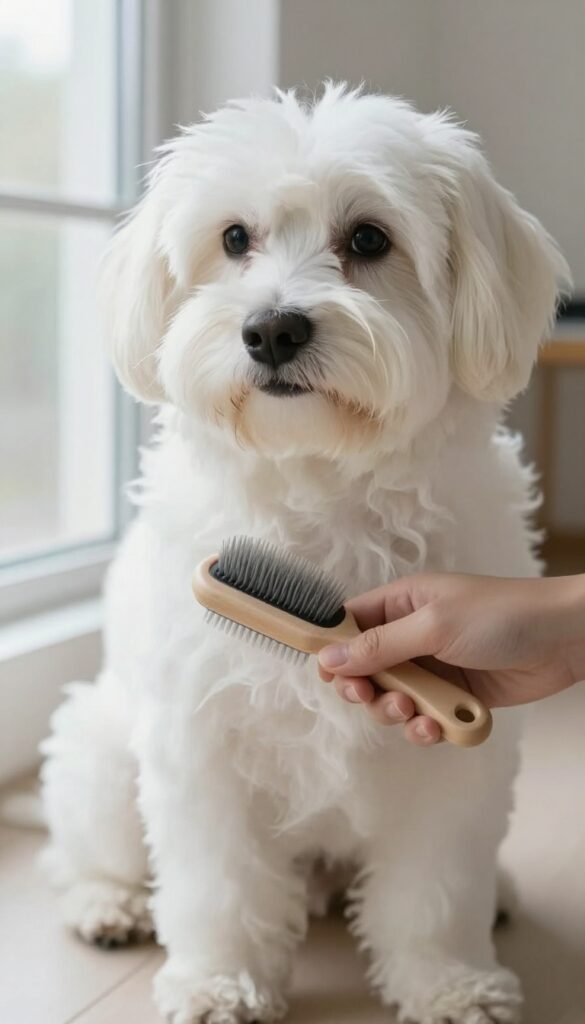 A Maltese dog receiving daily brushing to prevent mats, showcasing a grooming routine in natural light.