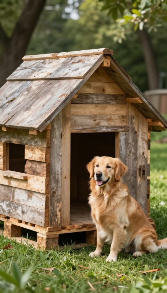 DIY pallet wood A-frame dog house in backyard with dog sitting in front