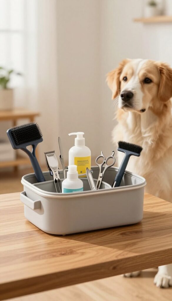 A portable caddy with organized dog grooming tools on a table in a bright room, with a calm dog nearby.