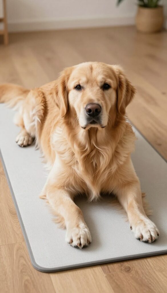 A Golden Retriever with a neatly shaved belly lying on a non-slip mat in natural light, illustrating the hygiene and comfort benefits of this grooming style for long-haired dogs.