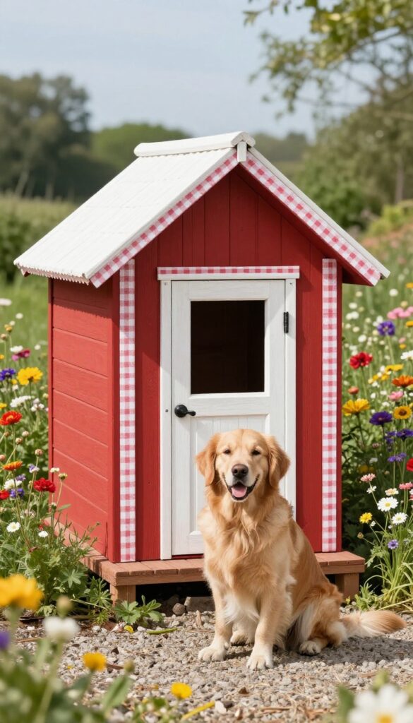 Rustic red dog house with white gingham trim in a sunny backyard