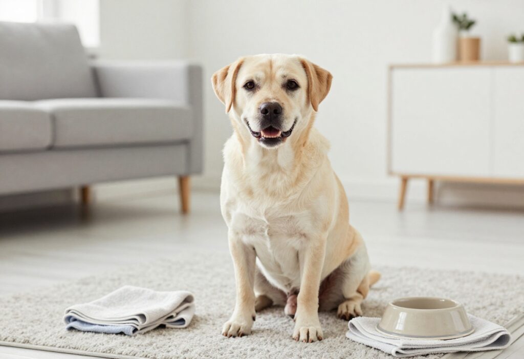 A cheerful dog with a clean face, sitting comfortably near grooming items, demonstrating effective mouth stain removal in a home setting.