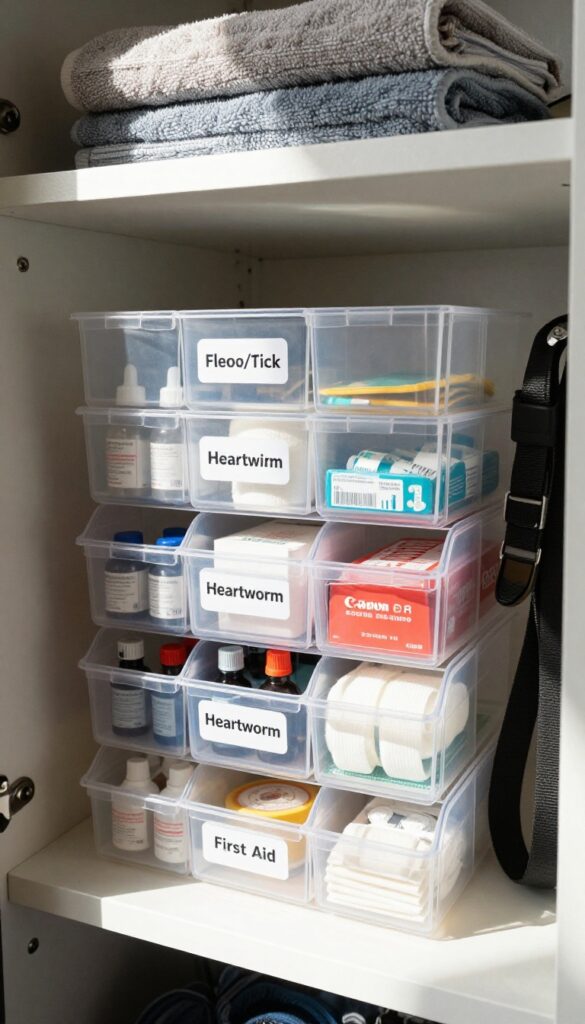 Clear plastic medication organizer on a high closet shelf with labeled compartments for flea/tick, heartworm, and first aid supplies, bright natural light.