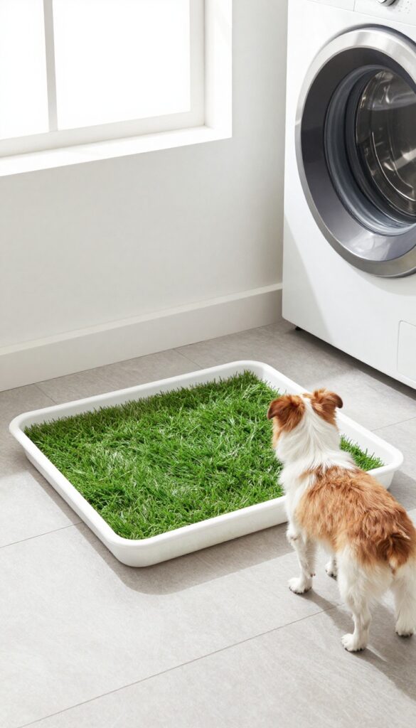Indoor potty area with easy-clean base in laundry room corner