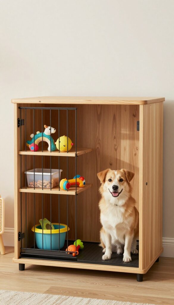 A modular crate topper with storage shelves for dog toys and treats, placed above a medium-sized dog crate in a bright, clean home setting