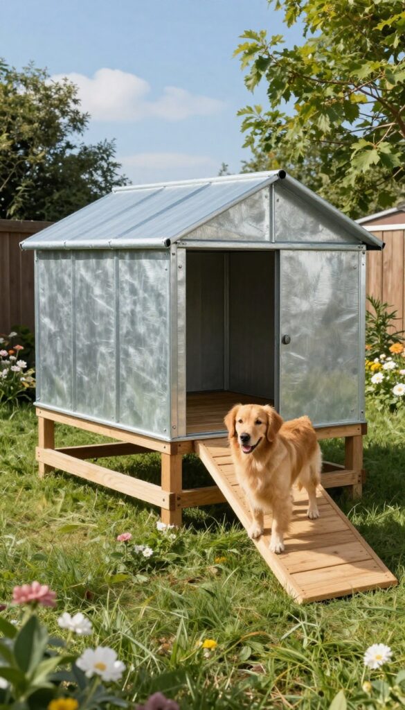 Elevated metal dog house on skids in a sunny backyard with a golden retriever on a ramp.