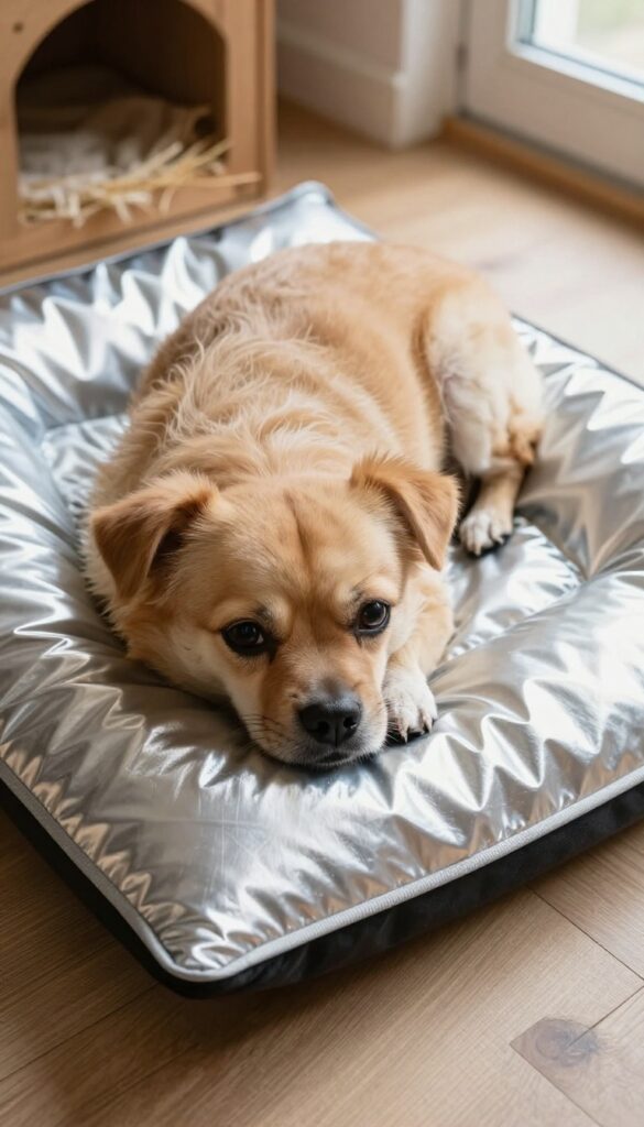 Dog sleeping on self-warming pet pad inside dog house