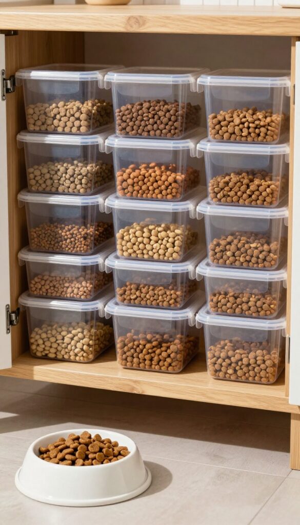 A stack of clear airtight containers filled with dog food in a bright, organized kitchen pantry, showcasing practical storage for pet owners.